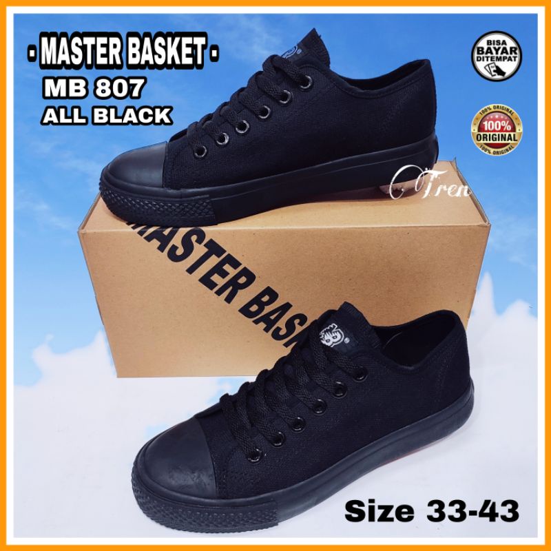 MB 807 New Master Basket Original Asli Low Pendek Sepatu Sekolah Kerja All Black Hitam Polos Size 33
