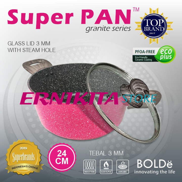 BOLDe SUPERPAN POT PAN GLASS LID BLACK PINK 24 CM - Casserole Granite Coating