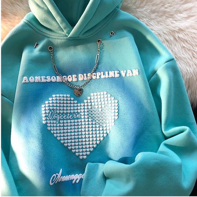 [littlecrab] Hoodie Oversize Love Square Discpline Van With Additional Chain Hoodie Unik Swag Berkelas Hoodie Oversize Couple Unisex Hoodie Rantai Keren Street Style Disco Ombre Green Colour Korean Style