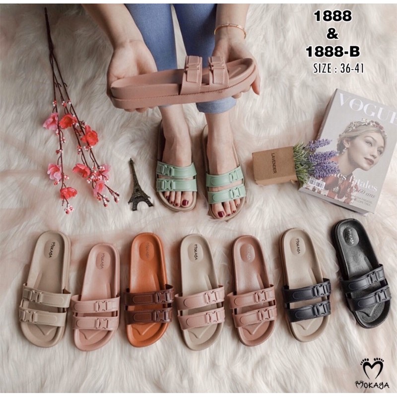 ( Best Seller ) Sandal Slop Wanita Gesper ban 2 Cantik Keren Import Mokaya / Size 37-41(1888/1888-B)