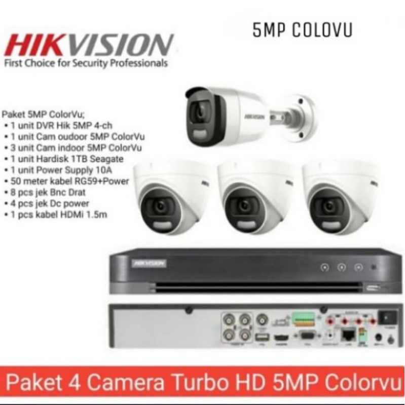 PAKET CCTV HIKVISION COLORVU 5MP 4 CHANNEL 4 KAMERA TURBO HD LENGKAP