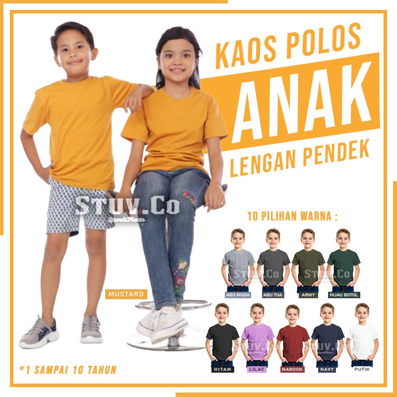 KAOS ANAK LENGAN PENDEK POLOS BAHAN COTTON COMBED 30s USIA 1 SAMPAI 10 TAHUN UNISEX FULL COLOURS