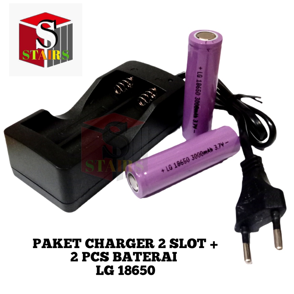 Paket Charger 2 Slot + 2 PCS Baterai Li-ion LG 18650 3000mAh 3.7V Warna Ungu FLATTOP