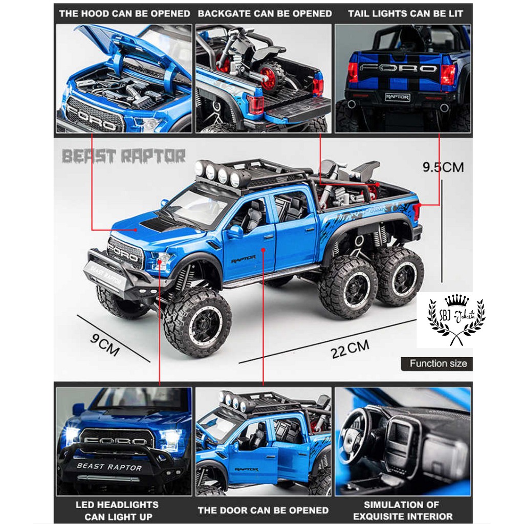 Diecast miniatur mobil Ford Raptor 6 Ban F150 6x6 Metal Series Skala 1:28