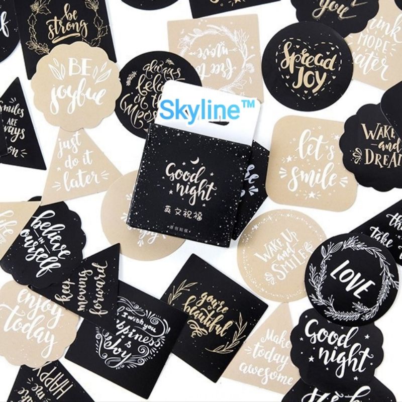 

Sticker Box Kiss Cut Scrap Book Journal Motif Greeting Warna Gold&Black Isi 46Pcs