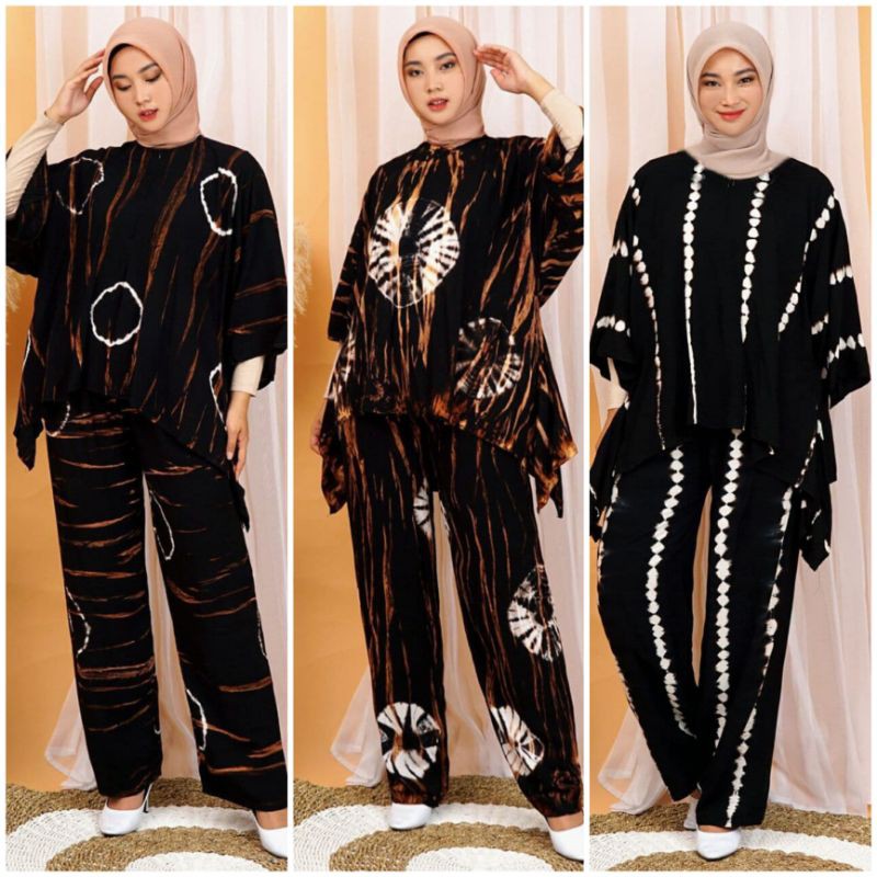 One Set Wanita Jumbo Rayon Tie Dye Premium Setelan Wanita Batik Lengan 7/8 Set Celana Kekinian LD 140 cm