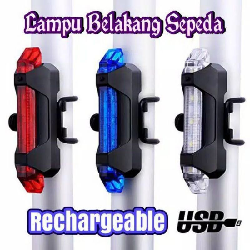 Lampu belakang sepeda LED USB bisa cas isi ulang