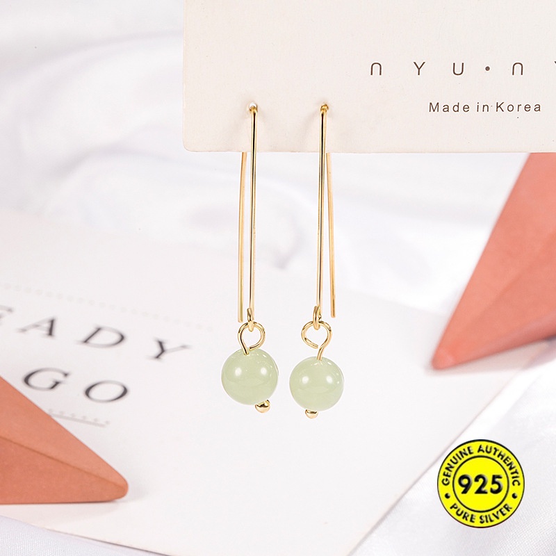 Anting Kait Gantung Batu Giok Jinfu Kuno 18K Untuk Wanita