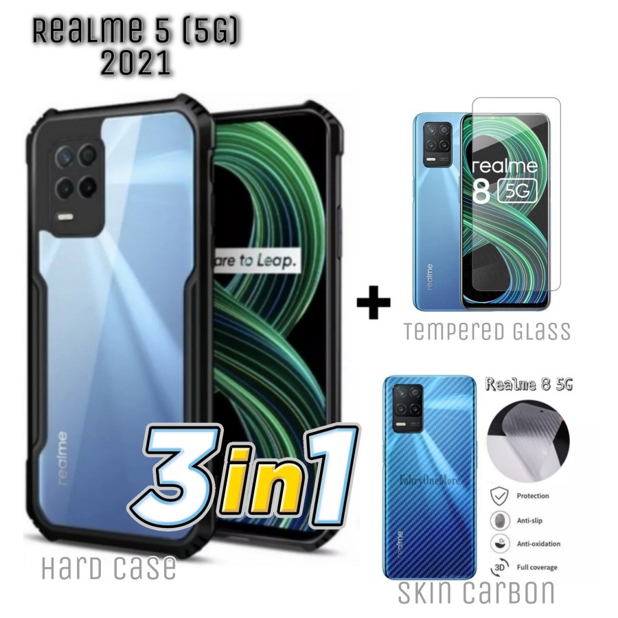 Case REALME 8 5G Paket Hard Case Fusion Shockproof + Tempered Glass Clear Layar dan Garskin