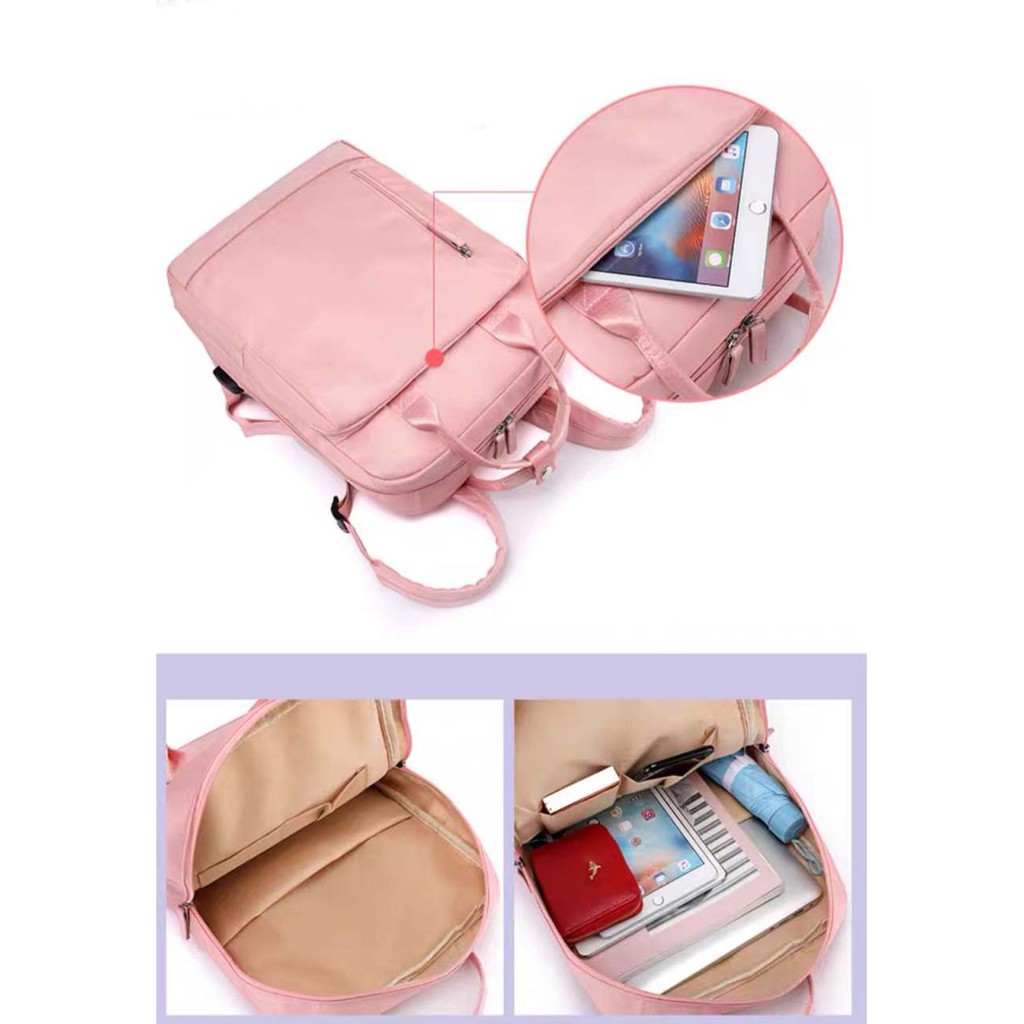 Tas Laptop Backpack Ransel Waterproof 14 15 inch with USB Port - pink biru