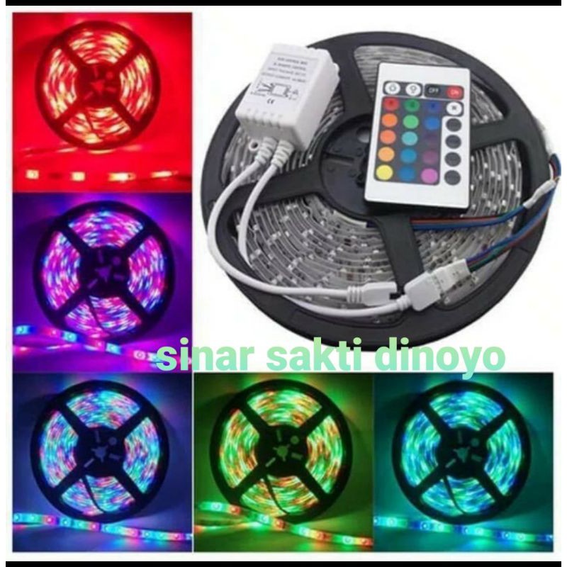 Lampu led strip rgb Remote warna warni ip44 set + adaptor 5m