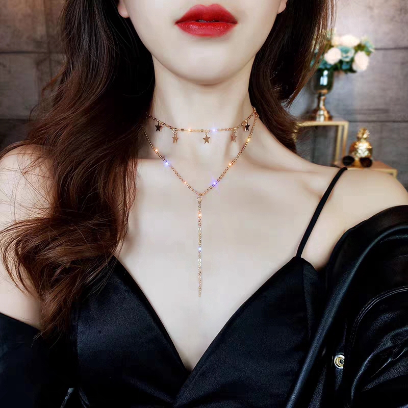 YEEZII Kalung Rantai Choker Multilayer Dengan Liontin Kristal Gaya Korea Untuk Wanita