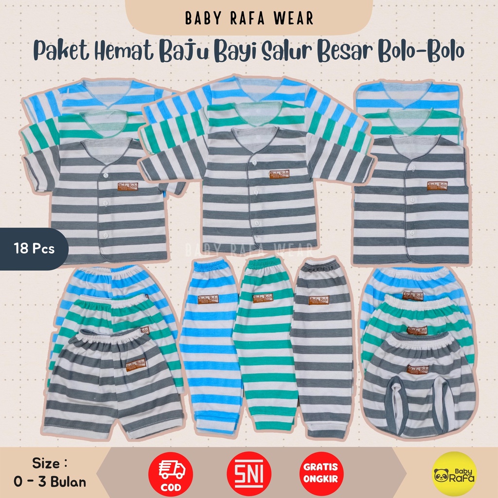 9 Stel / 18 pcs Paket Hemat Setelan Baju Bayi STRIPE SERIES merk SNI BOLO - BOLO