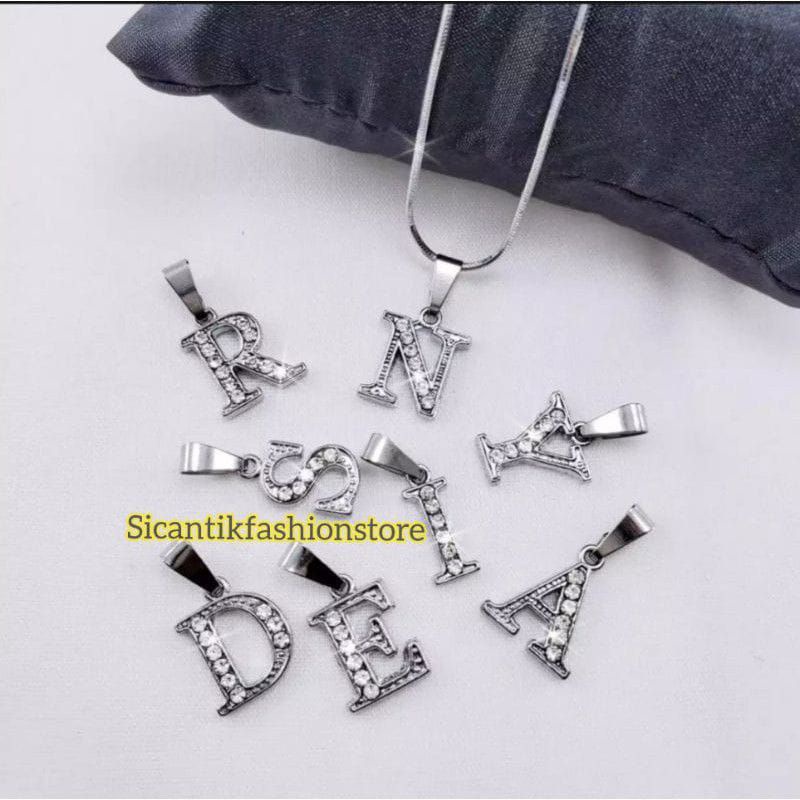 Kalung Huruf Inisial (A Sampai Z) Titanium Lengkap A-Z  KALUNG RHODIUM HURUF ANTI KARAT /KALUNG RHODIUM SILVER HURUF ANTI KARAT JENIS RANTAI OMEGA + GIFT KALUNG TITANIUM HURUF A Sampai Z-3