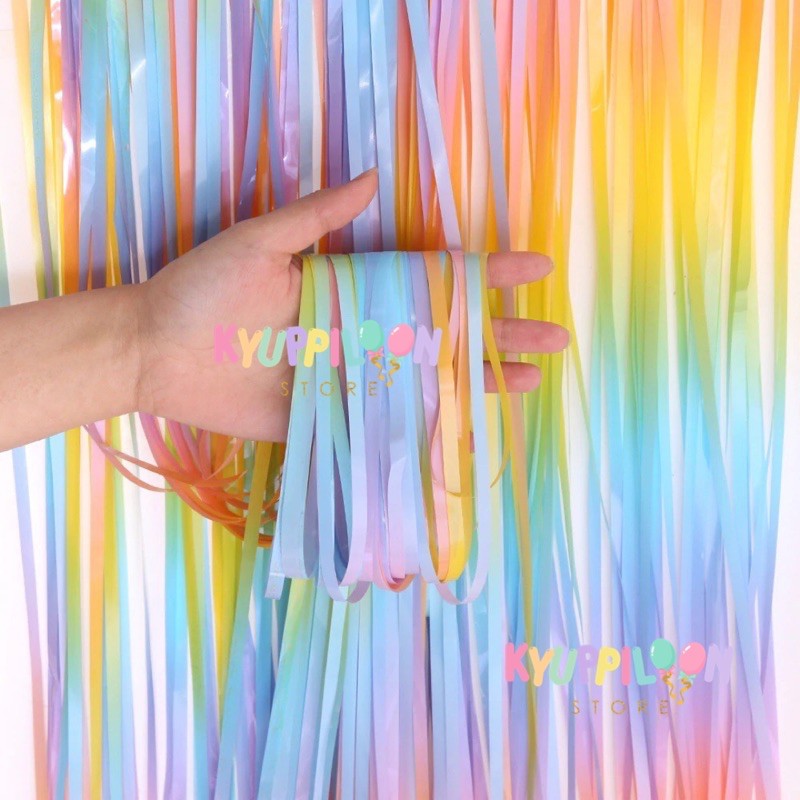 Tirai Foil Pelangi / Curtain Foil Gradasi Warna Pastel / Dekorasi Ultah / Rumbai Macaron