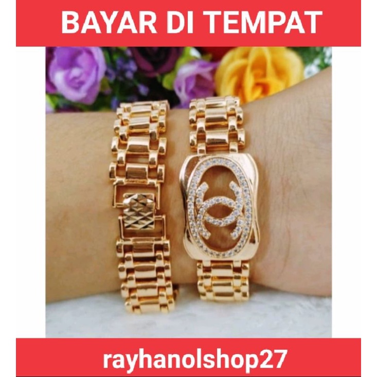 PERHIASAN WANITA DEWASA GELANG TANGAN RANTAI TITANIUM GOLD JUMBO LAPIS EMAS 24 K ANTI KARAT 4 VARIASI MOTIF PILIHAN MODEL NYA