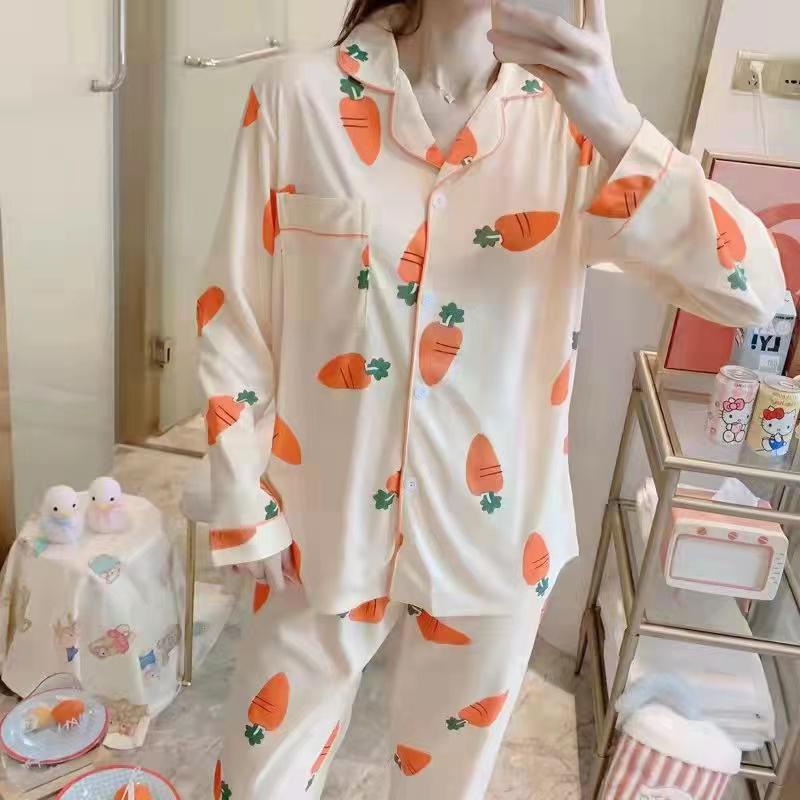 Piyama pp wanita | baju tidur lengan panjang wanita import spandek krah kancing-PpK CARROT CREAM