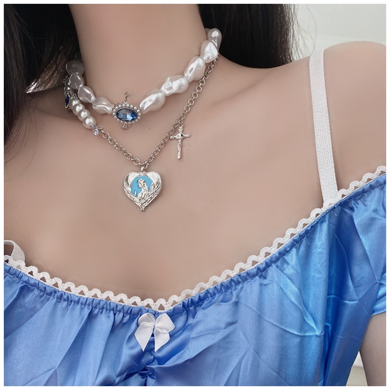 Kalung Rantai Klavikula Hias Mutiara Warna Biru Gaya Retro