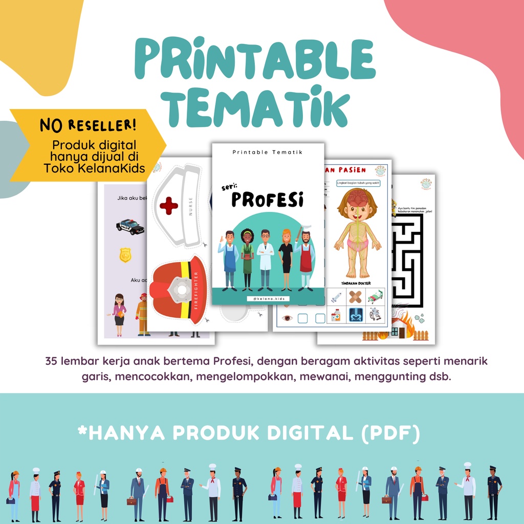 Printable Worksheet Tematik Mengenal Profesi - 35 Lembar Kerja Buku Aktivitas Anak TK PAUD File PDF