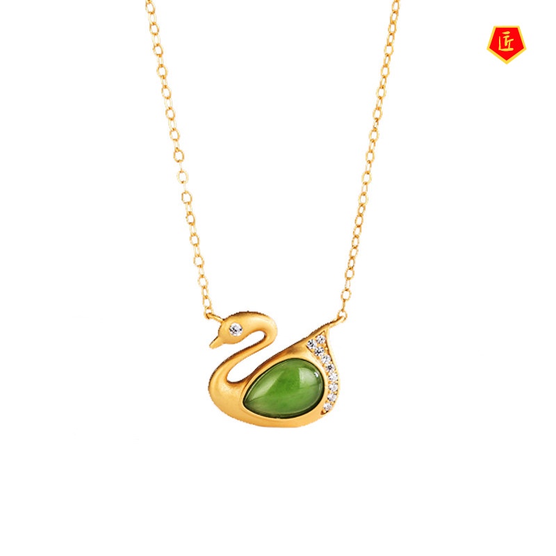 [Ready Stock]Swan-Shaped Hetian Jade Golden Pendant Necklace for Women Elegant All-Match