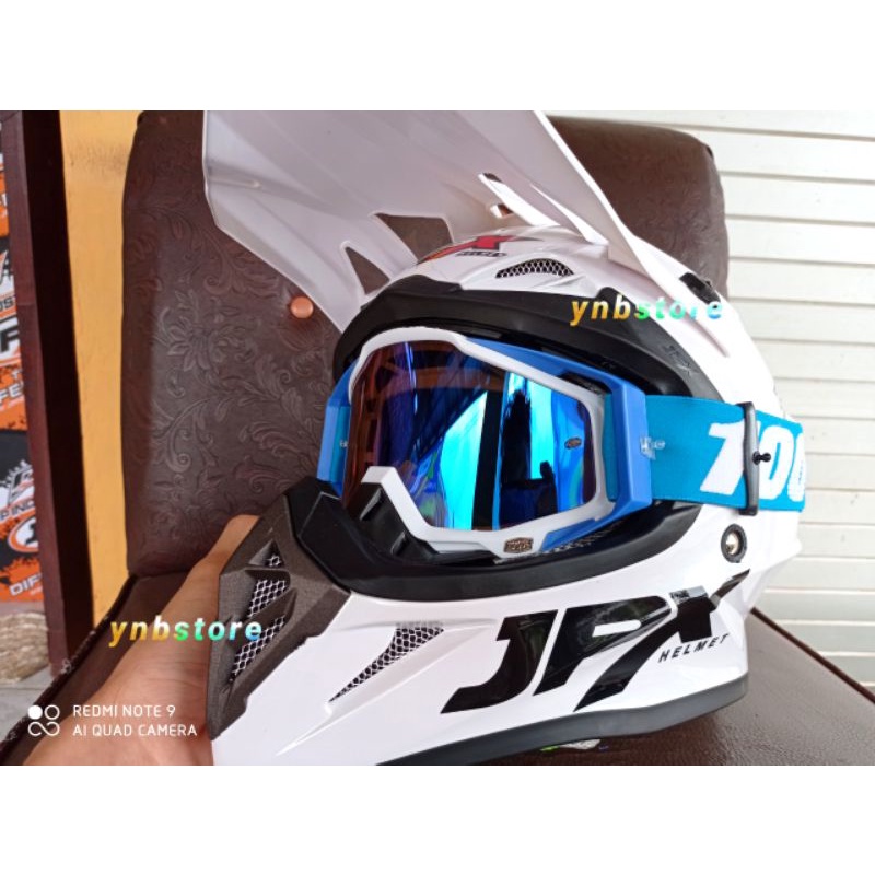 Helm JPX Cross Solid Polos White Putih + Kacamata Google Goggle 100% Persen