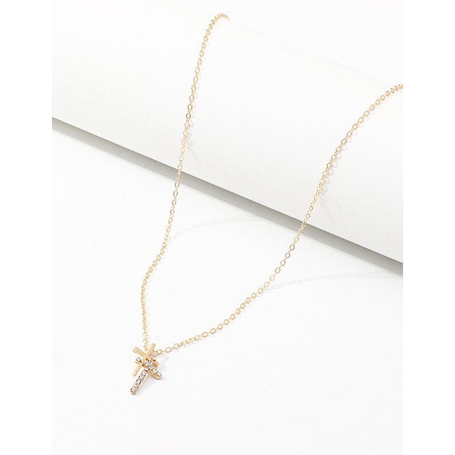 LRC Kalung Wanita Fashion Golden Double Cross Alloy Zircon Necklace D91966