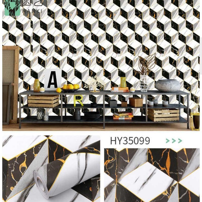 Wallpaper dinding Marmer Marble Kotak Hitam Putih Elegant