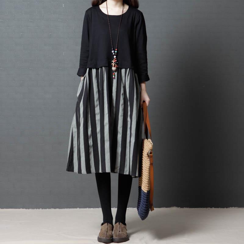 Dress Model Longgar Motif Garis Bahan Katun Linen Ukuran Dress Model Longgar Motif Garis Bahan Katun Linen Ukuran