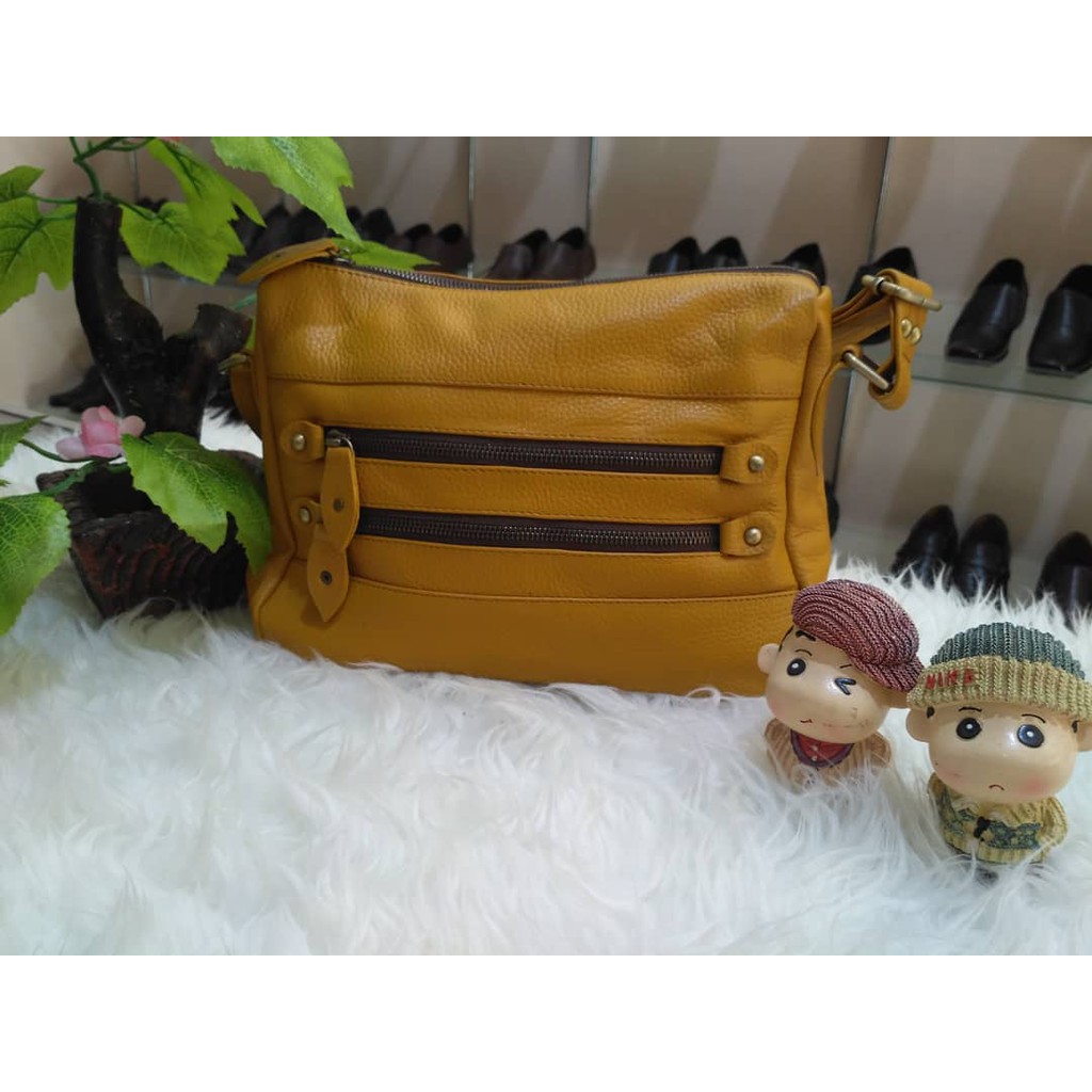 Tas Wanita Resleting YKK 2 Saku Resleting Depan Asli Kulit Sapi