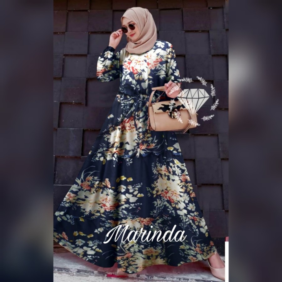 Maxi Dress Korea Baju Muslim Wanita Motif Bunga Marinda / Maxy Dress Terbaru Pakaian Muslimah Dres C