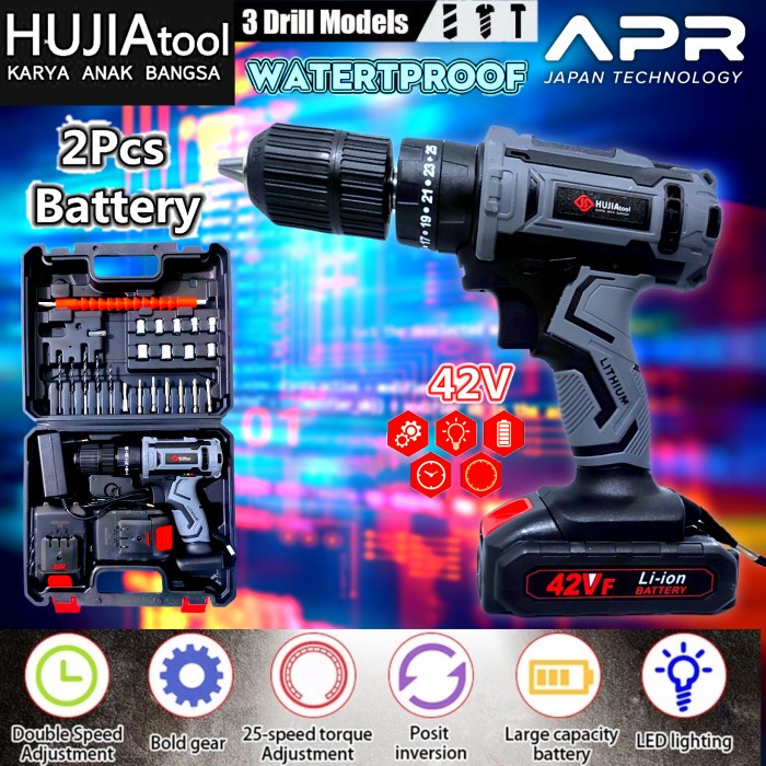 uciha type 42v impact drill baterai cordless mesin bor beton besi kayu