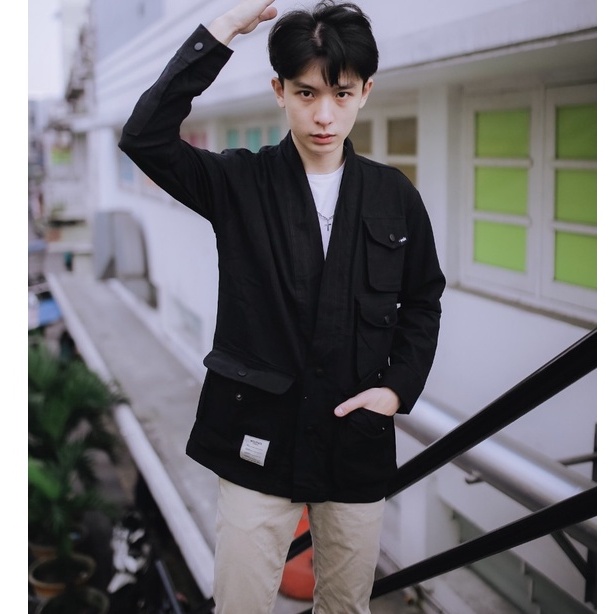 OUTER PRIA HITAM | KIMONO JAKET | OUTER PRIA KIMONO POCKET PREMIUM
