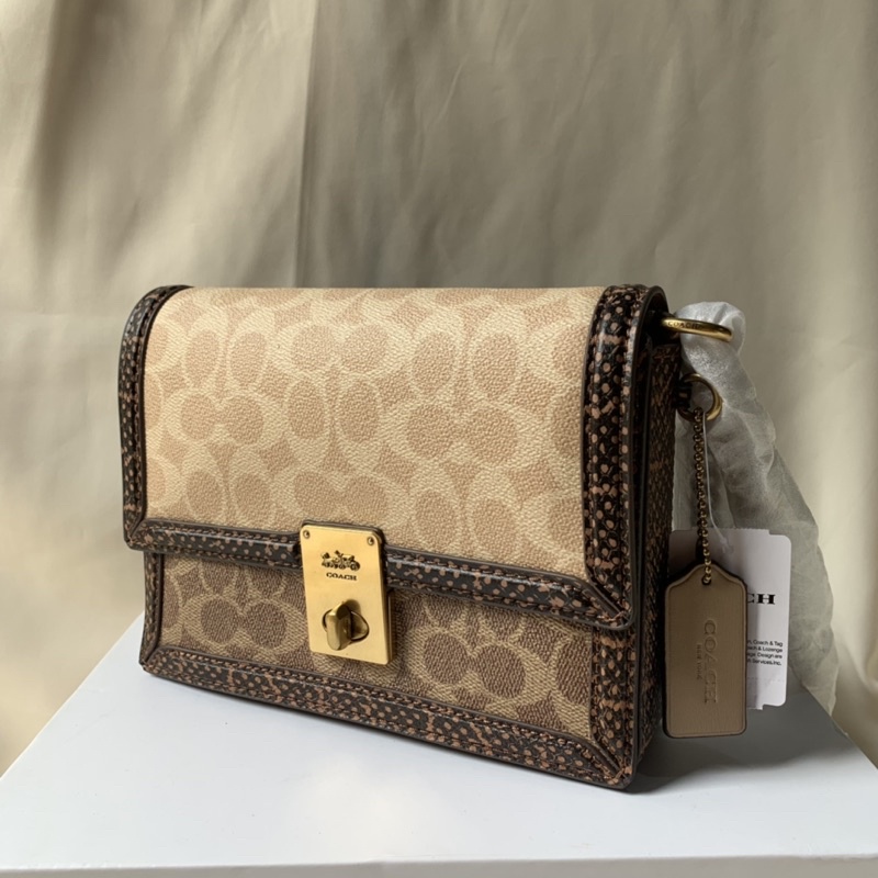 Coach Hutton Shoulder Bag in Blocked Signature Canvas Snakeskin Detail (89068)