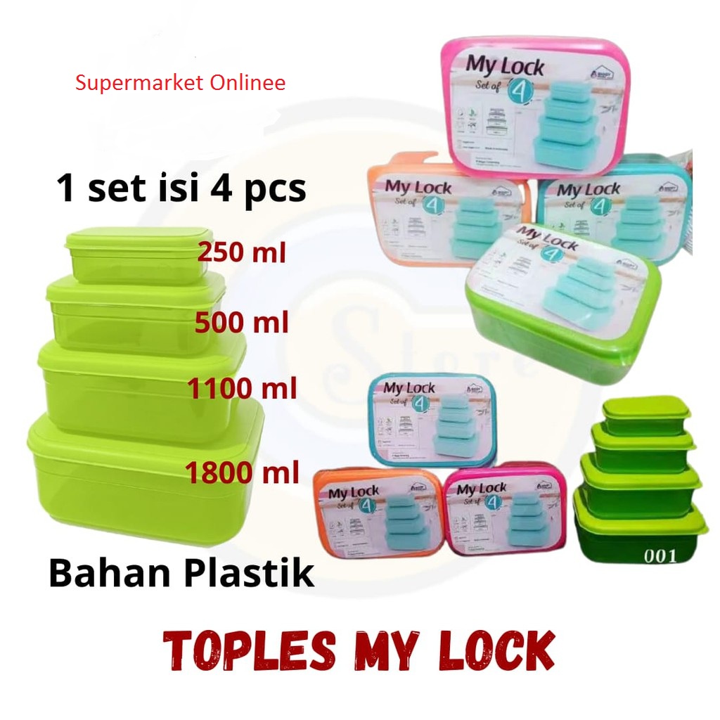 Toples Kotak Serbaguna Mylock Set 4pcs / Lunch Box Set Isi 4 / Tempat Makanan Bekal Rantang Piknik Tebal