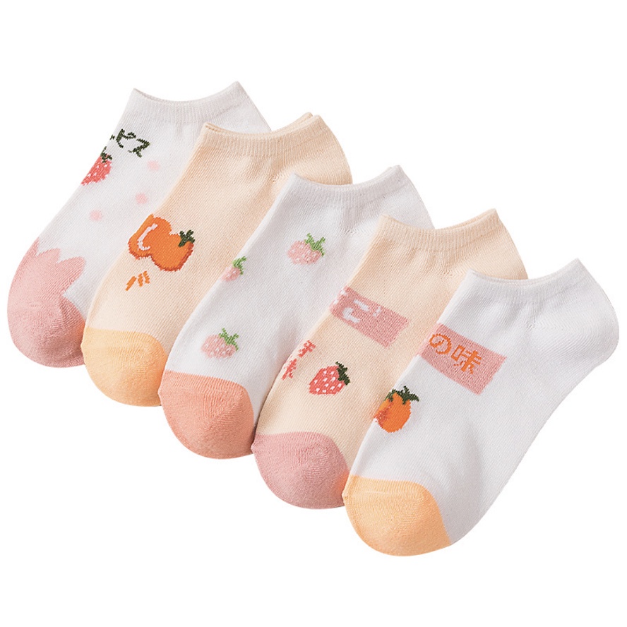 MURMURE.ID | 5PCS KAOS KAKI WANITA IMPORT ALA KOREA ISI 5 PCS ANKLE SOCK 5IN1 CS031-STRAWBERRY ORANGE