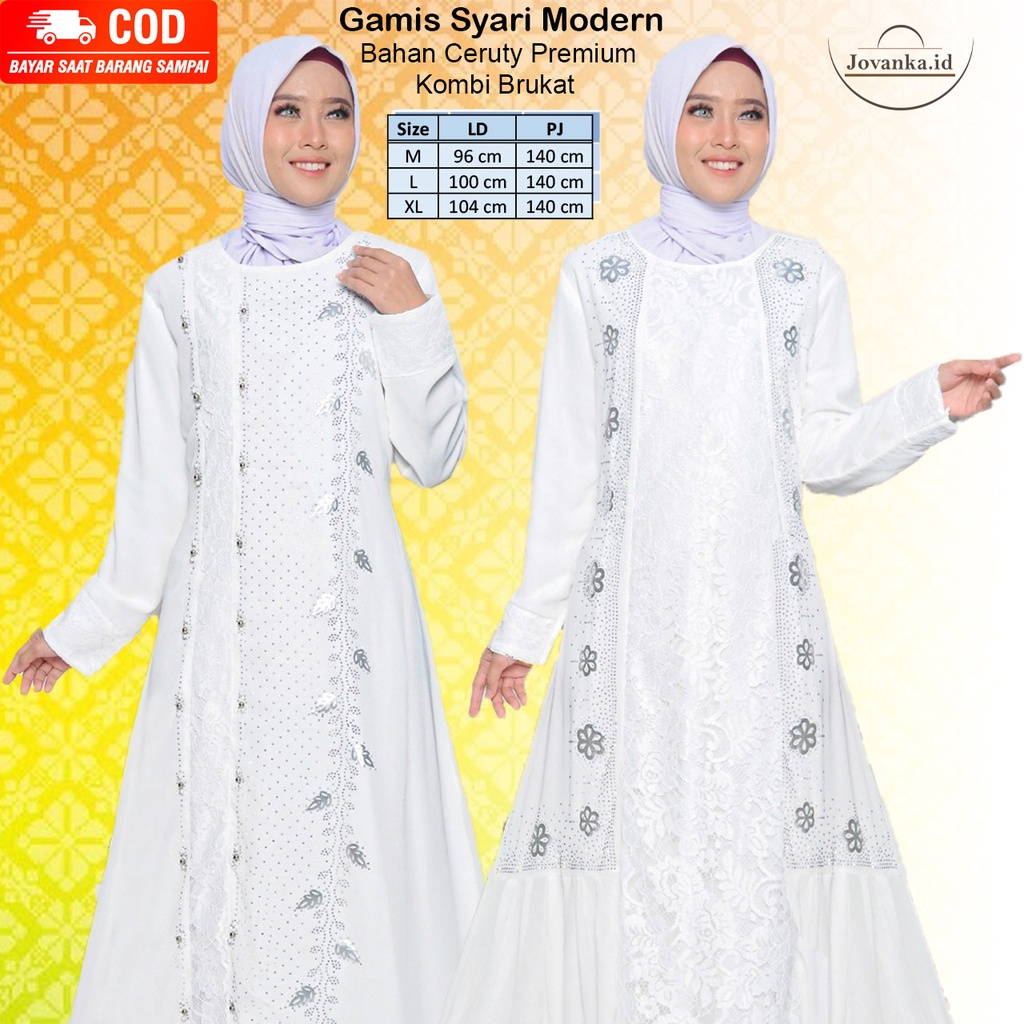 Gamis Brukat Muslimah Putih Syari Terbaru 2022 Modern Lebaran Kekinian | Busana Muslim Wanita Dewasa