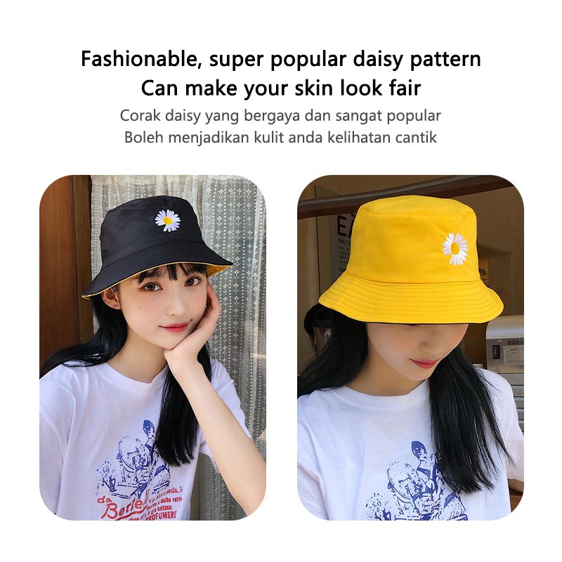 Topi Bucket Nelayan Motif Bordir Bunga Daisy Dua Sisi Warna Macaron Untuk Unisex