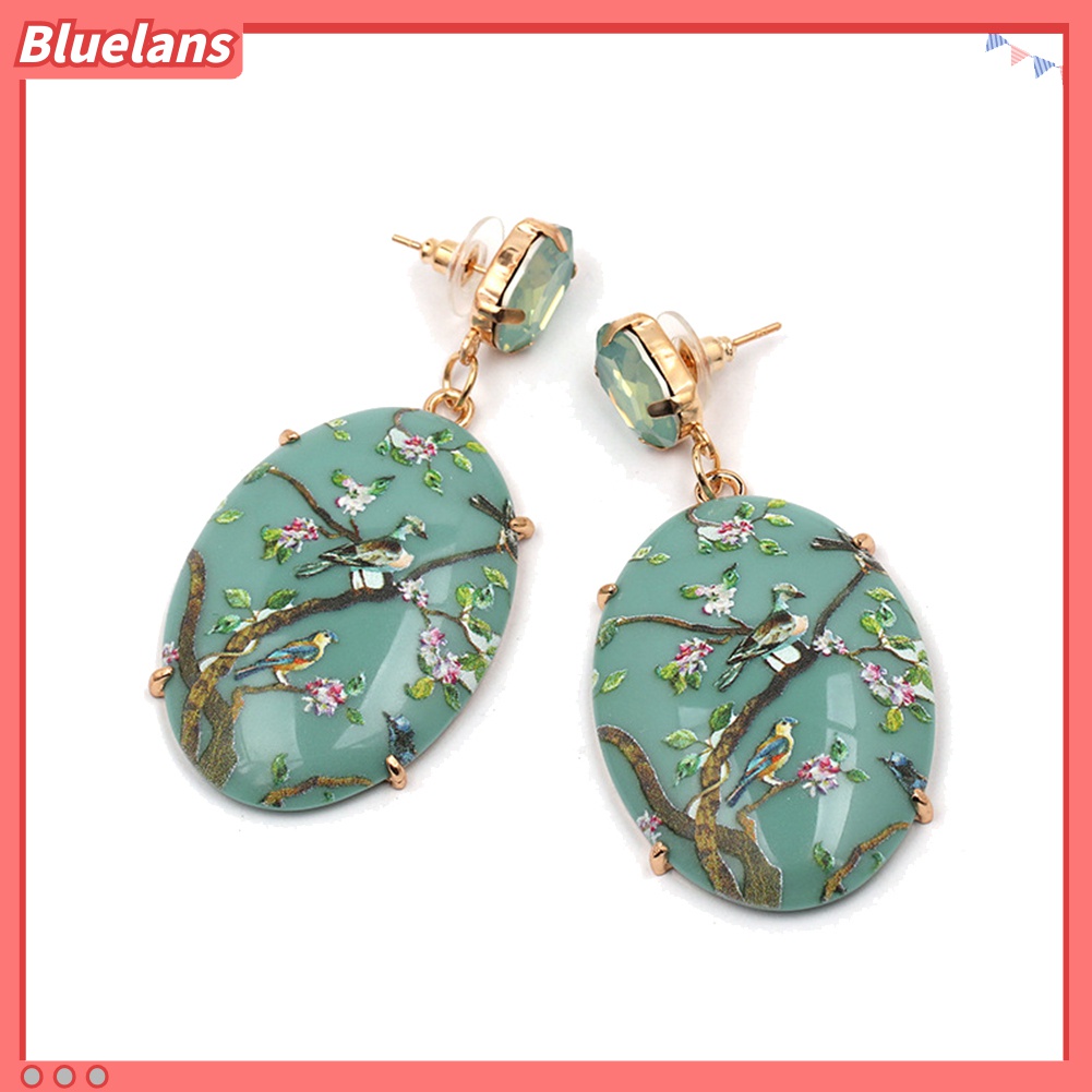 Anting Juntai Bentuk Oval Motif Bunga Dan Burung Bahan Resin Gaya Vintage Untuk Wanita