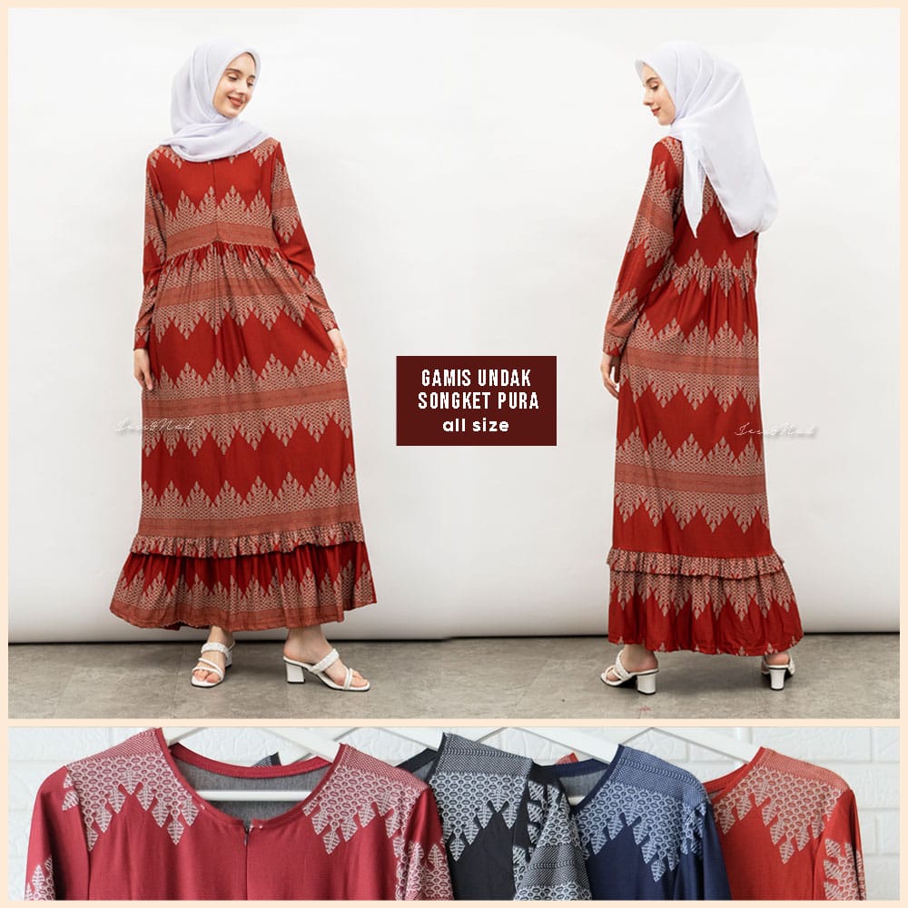 Gamis undak rempel motif Songket Pura, Kala lancip, Songket Tulang, Songket Sumba dan songket Kalima