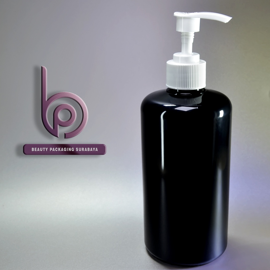 Botol plastik PET 500ml BR 28mm hitam tutup pump lotion