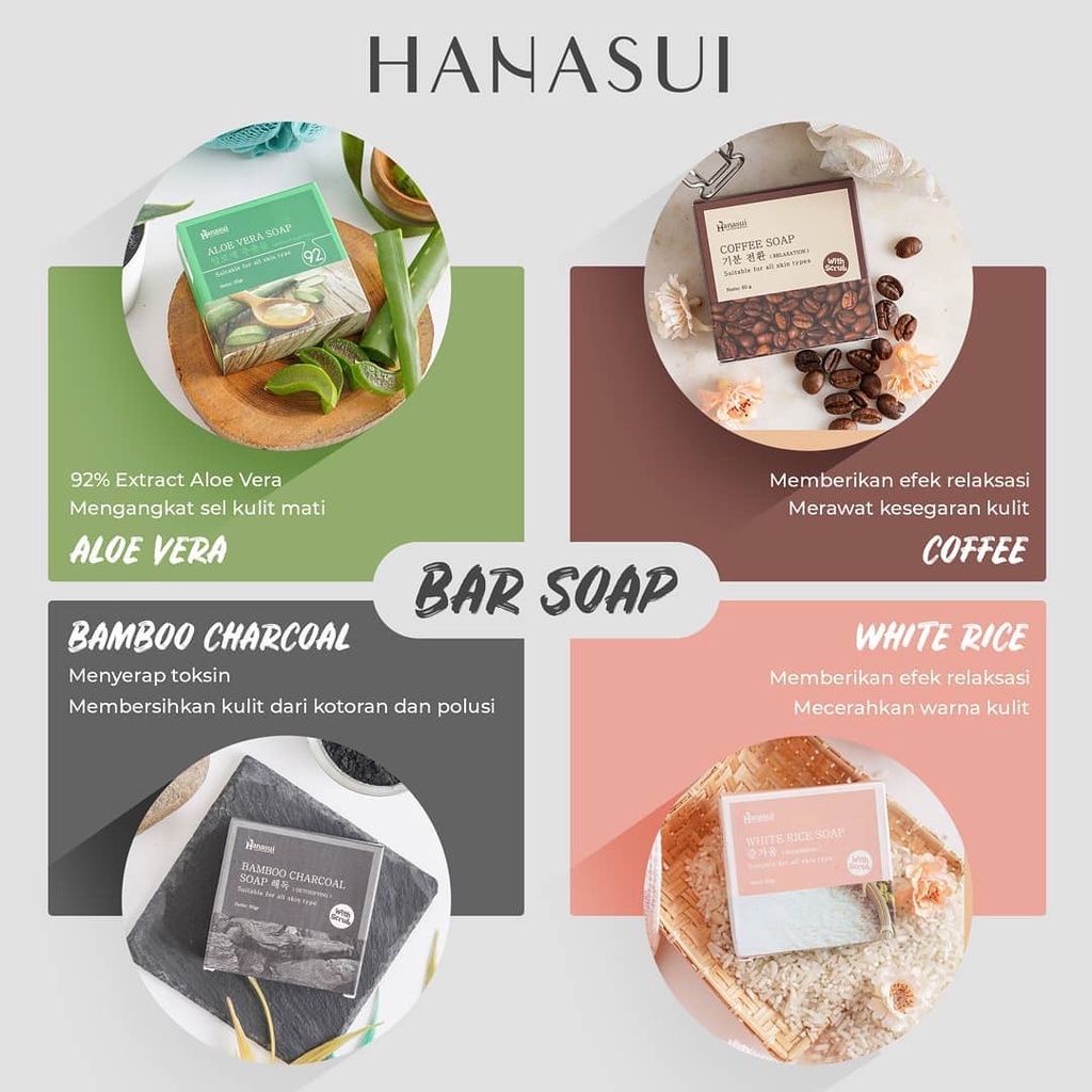 HANASUI Body Care Indonesia / Skincare Spa Scrub Hand Lotion Hair Soap Perfume / Cleanser Toner Essence Mist Serum Day Night Eye Cream Sunscreen Spot Gel Mask / Acne Flawless Glow Power Men Collagen Lipstik Lip Tint Stain / Make Up Paket Set Face Wajah