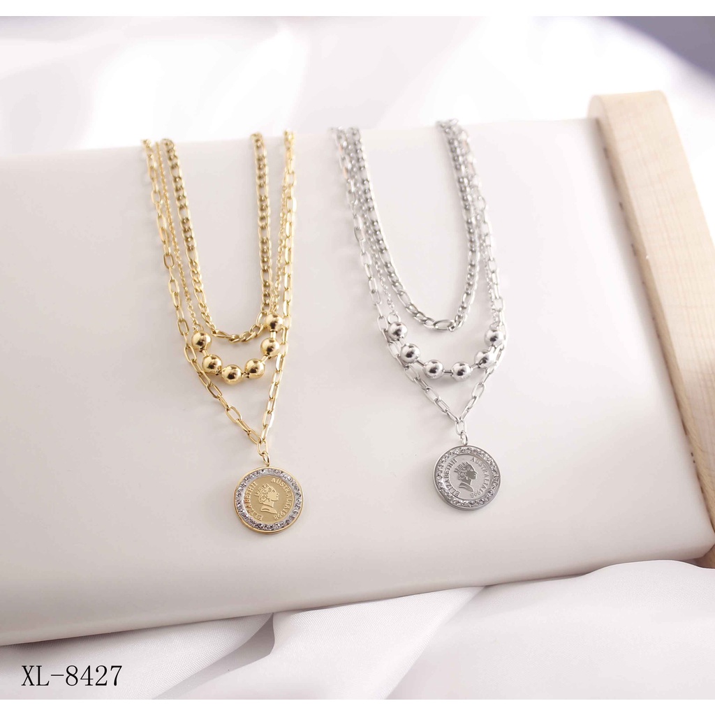 Kalung Titanium Rantai 3Susun Permata Perhiasan Fashion 8427
