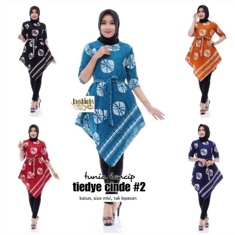 Tunik Lancip Tiedye Cinde #2 Batik Asimetris Tali Batik Midi Etnik Jumputan Muslim Kerja Seragam