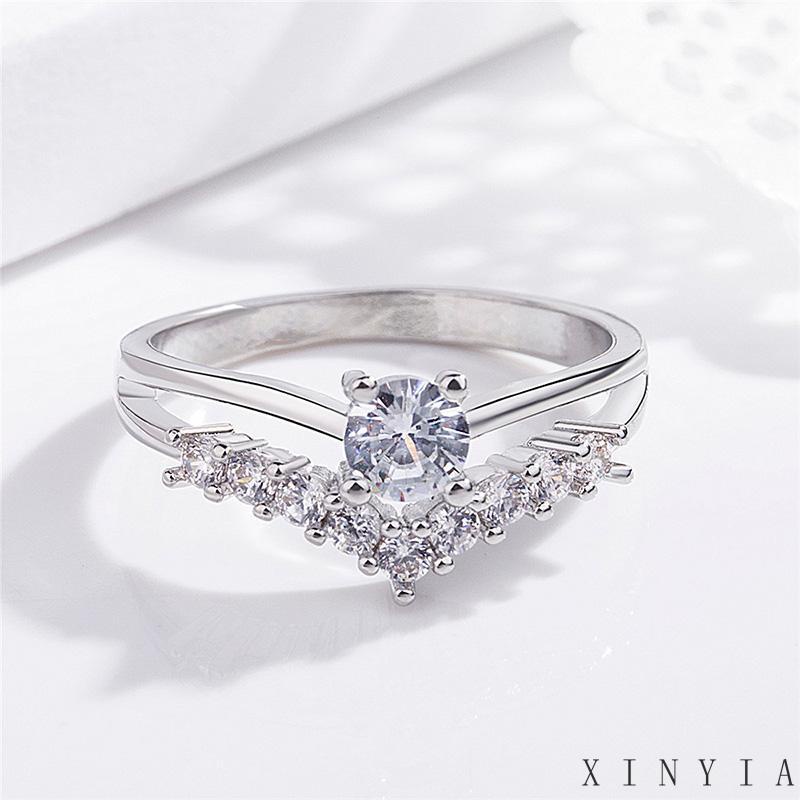 Xia.id Cincin Tunangan Alloy Simple Hias Zircon Aksesoris Pengantin Wanita