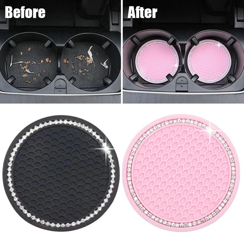 1Pc Pack Shiny Diamond Silicone Anti-slip Car Coaster / Non-slip Vehicle Dog Paw Water Bottle Mat / Durable PVC Protection Mat Car Accessories