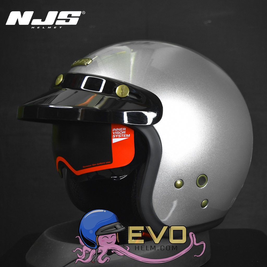 HELM NJS NX 2 RETRO SOLID DOUBLE VISOR INTERCOM FREE PET ORIGINAL 100%-Silver Glossy