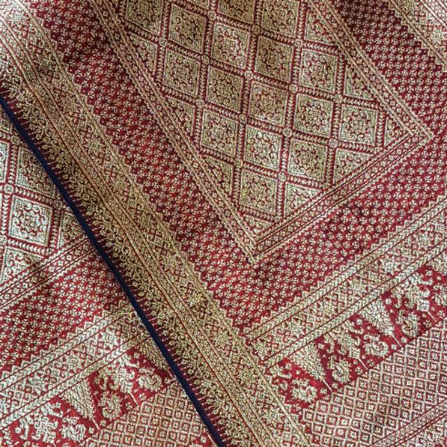 Songket palembang asli sutra alam asli benang 2 helai lepus maroon kristal gold