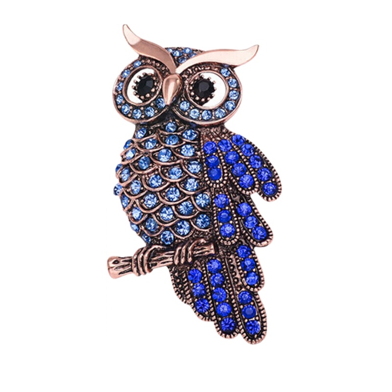 Bros Pin Bentuk Burung Hantu Warna Emas Aksen Berlian Imitasi Biru Gaya Vintage Untuk Pernikahan