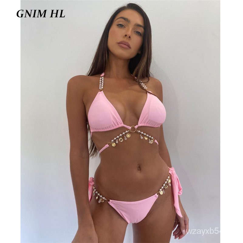 GNIM Sexy Two Pieces Pearl Swimwear Women Bandage Bikini Swimsuit 2021 High Cut Swimwear Women Push