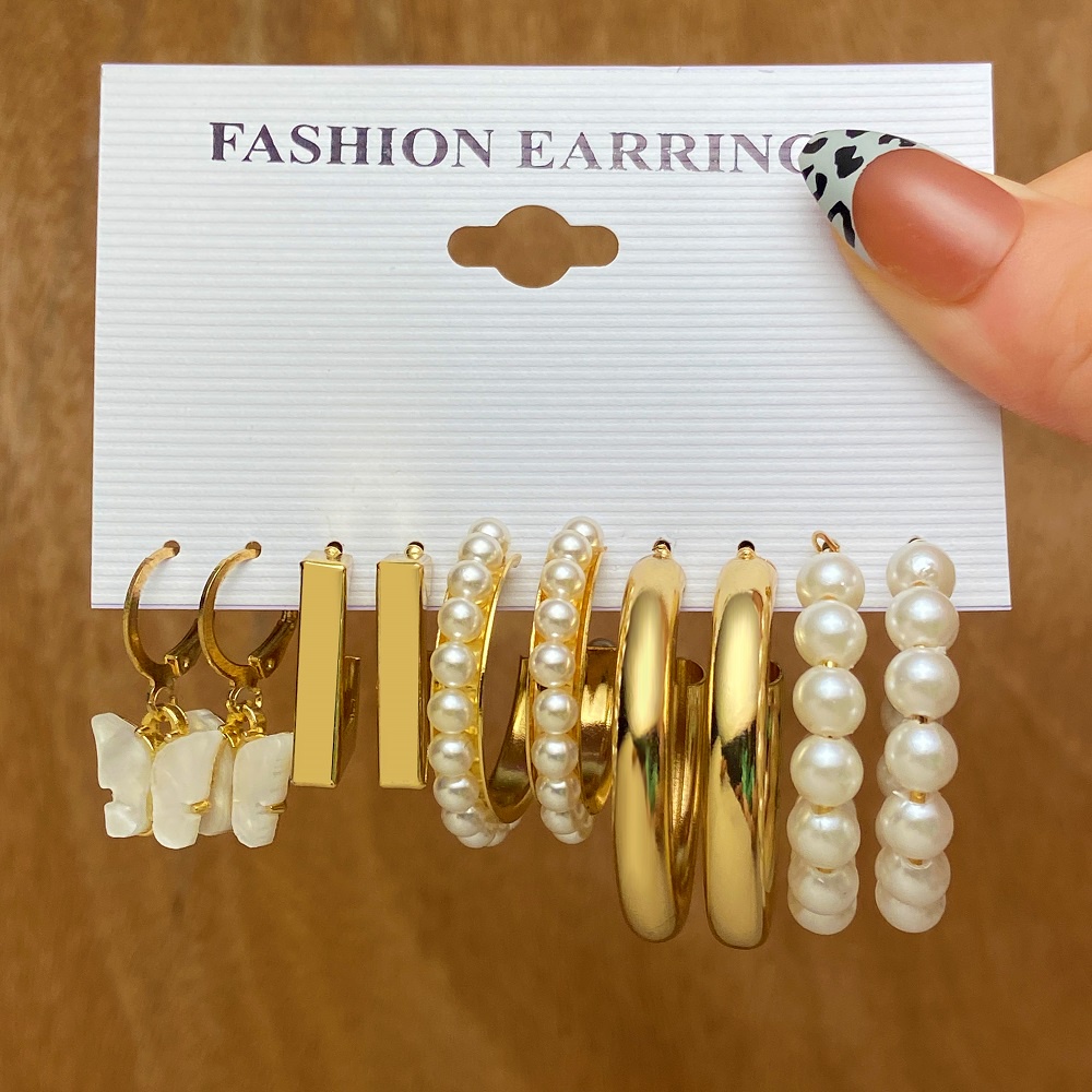 Butterfly Gold Earrings Set Pearl Crystal Resin Stud Earring for Women Jewelry Fashion Accessories